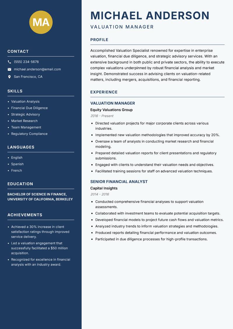 Valuation Specialist resume template — Classic Clean