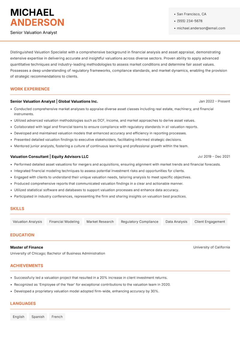 Valuation Specialist resume template — Modern Professional