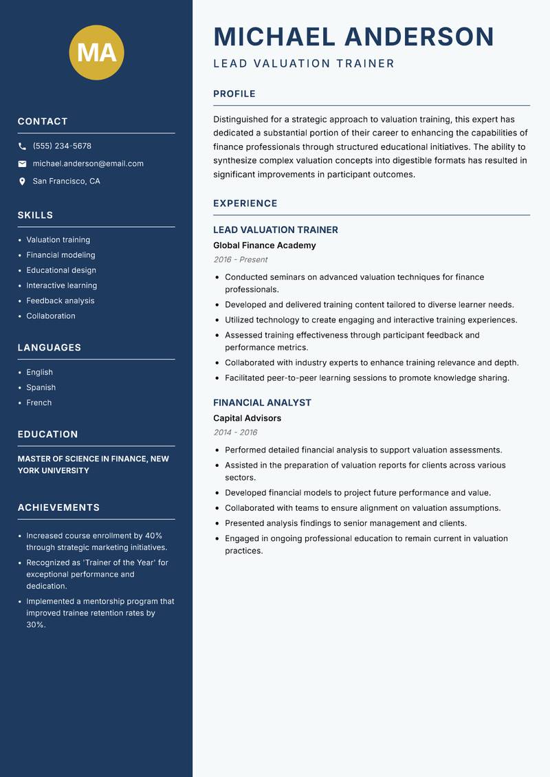 Valuation Trainer resume template — Classic Clean