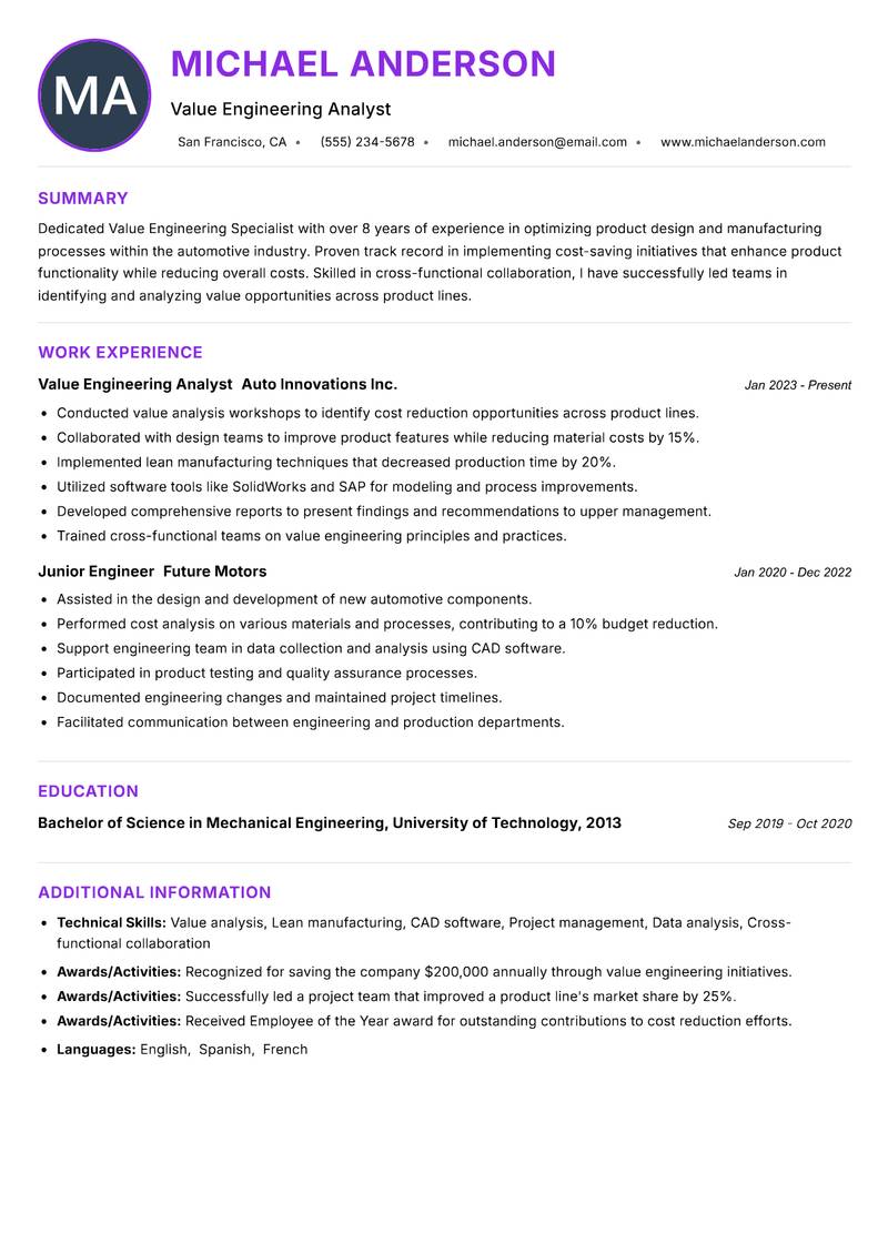 Value Engineering Specialist resume example — ATS-friendly template