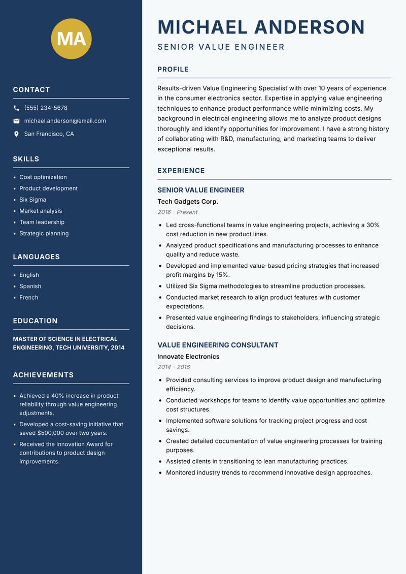Value Engineering Specialist resume template — Classic Clean