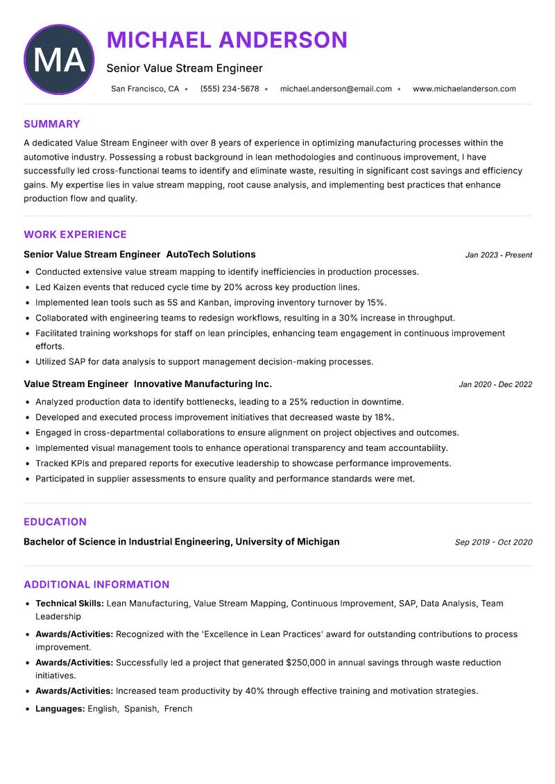 Value Stream Engineer resume example — ATS-friendly template