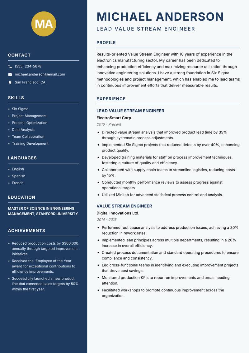 Value Stream Engineer resume template — Classic Clean