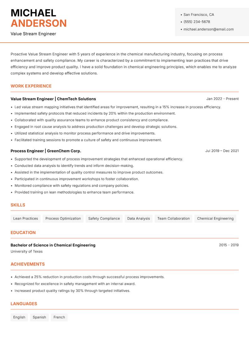 Value Stream Engineer resume template — Modern Professional