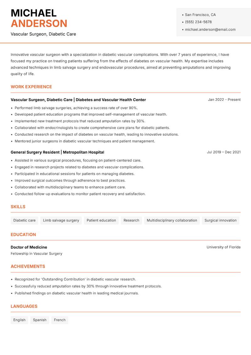 Vascular Surgeon resume template — Modern Professional
