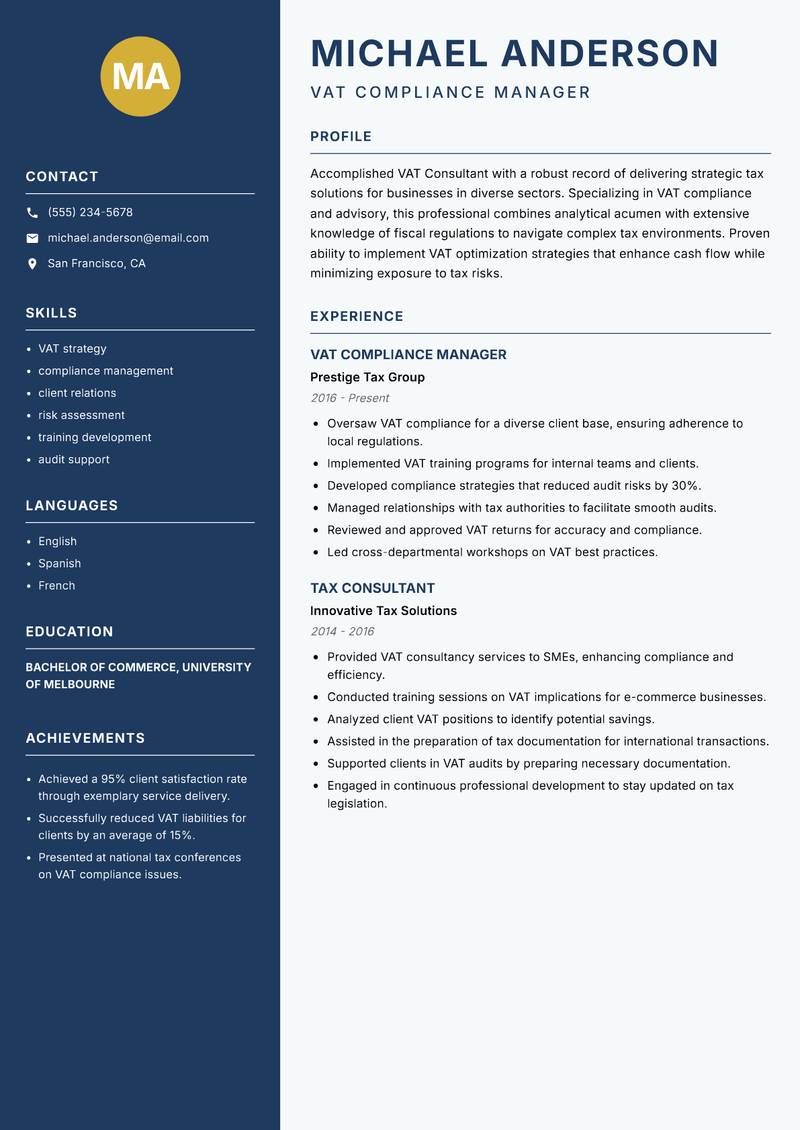 VAT Consultant resume template — Classic Clean