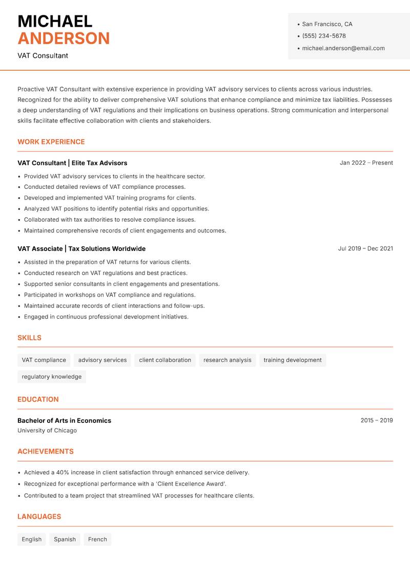 VAT Consultant resume template — Modern Professional