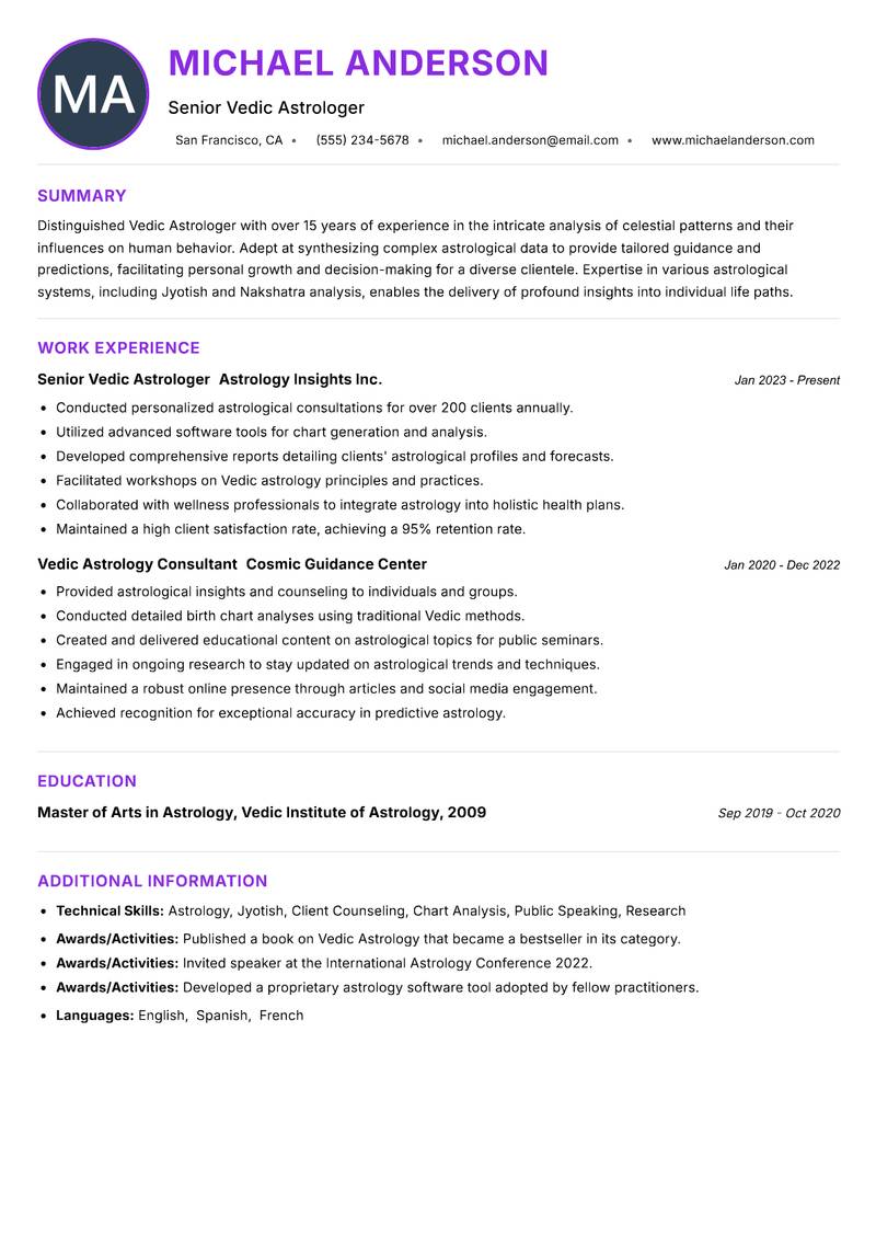 Vedic Astrologer resume example — ATS-friendly template