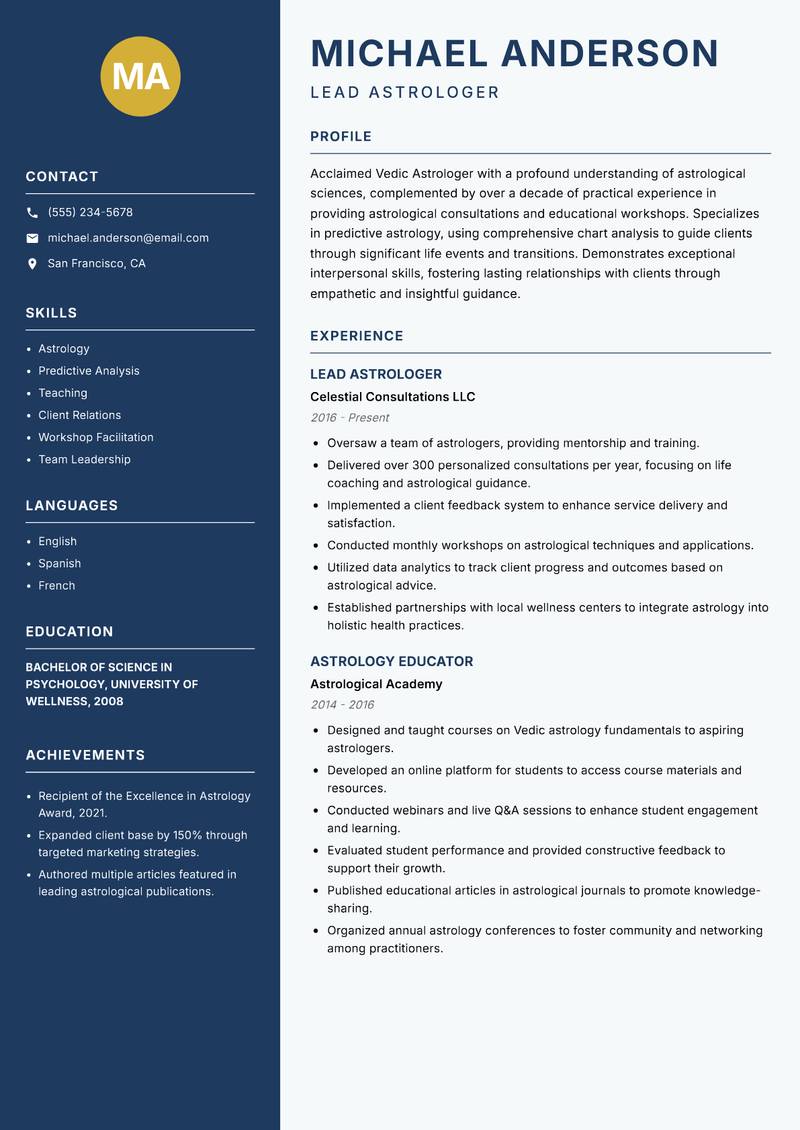 Vedic Astrologer resume template — Classic Clean