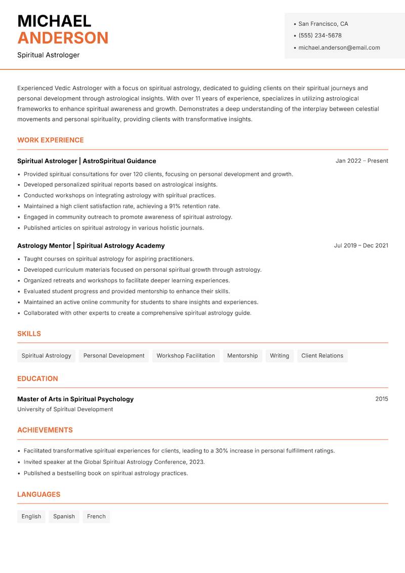 Vedic Astrologer resume template — Modern Professional