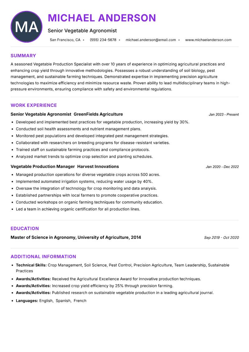Vegetable Production Specialist resume example — ATS-friendly template