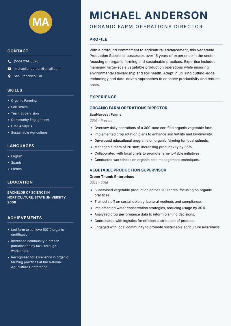 Vegetable Production Specialist resume template — Classic Clean