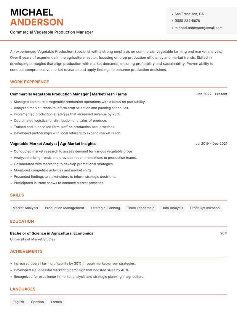 Vegetable Production Specialist resume template — Modern Professional