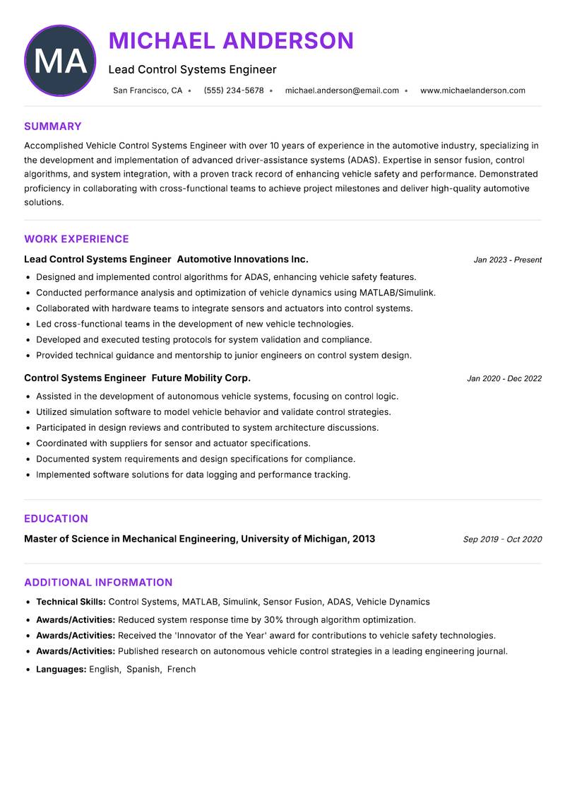 Vehicle Control Systems Engineer resume example — ATS-friendly template