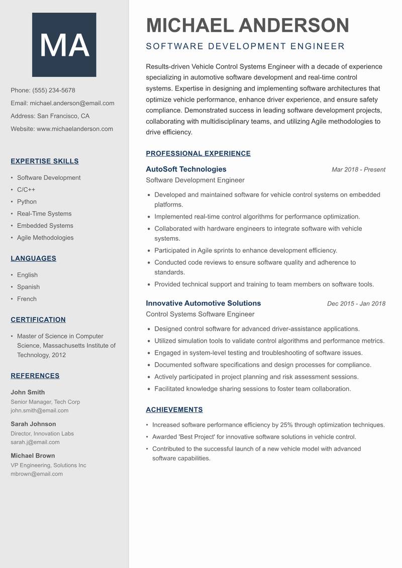 Vehicle Control Systems Engineer resume template — Creative Minimal