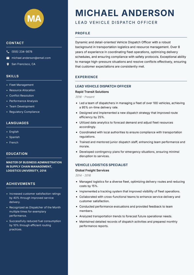 Vehicle Dispatch Officer resume template — Classic Clean