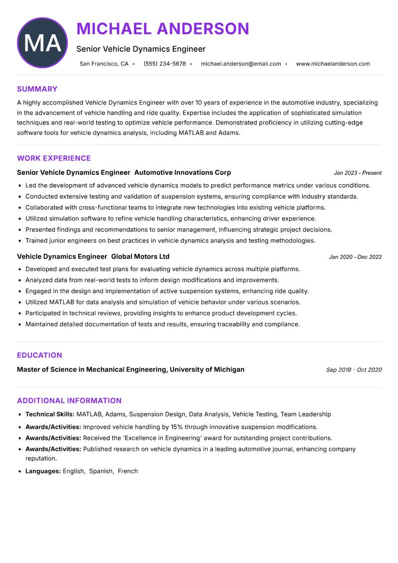 Vehicle Dynamics Engineer resume example — ATS-friendly template