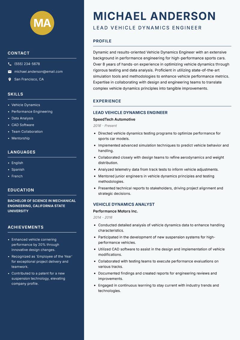 Vehicle Dynamics Engineer resume template — Classic Clean