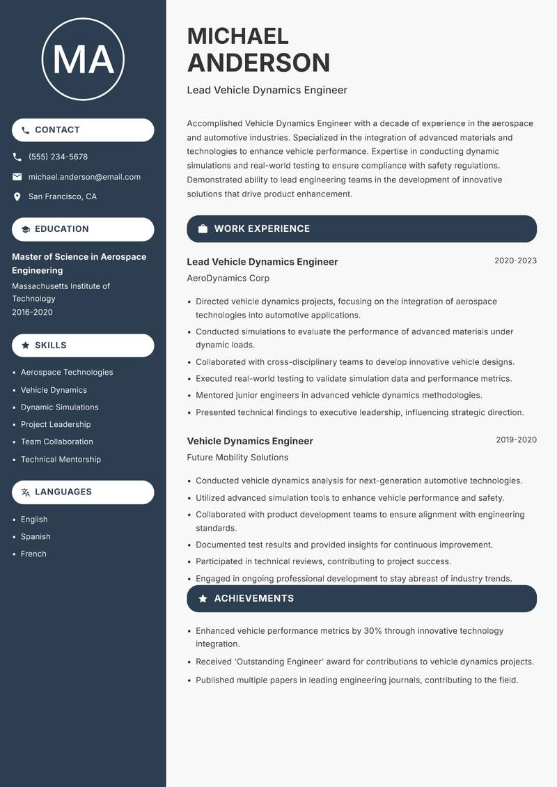 Vehicle Dynamics Engineer resume template — Compact