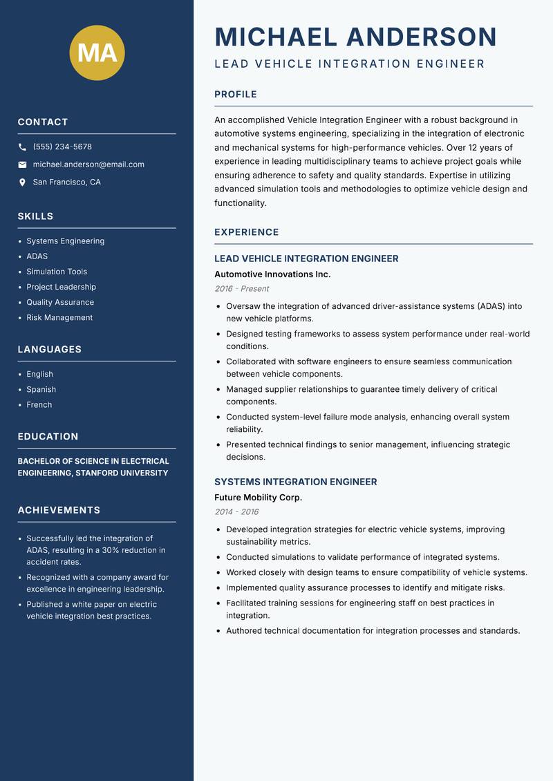Vehicle Integration Engineer resume template — Classic Clean
