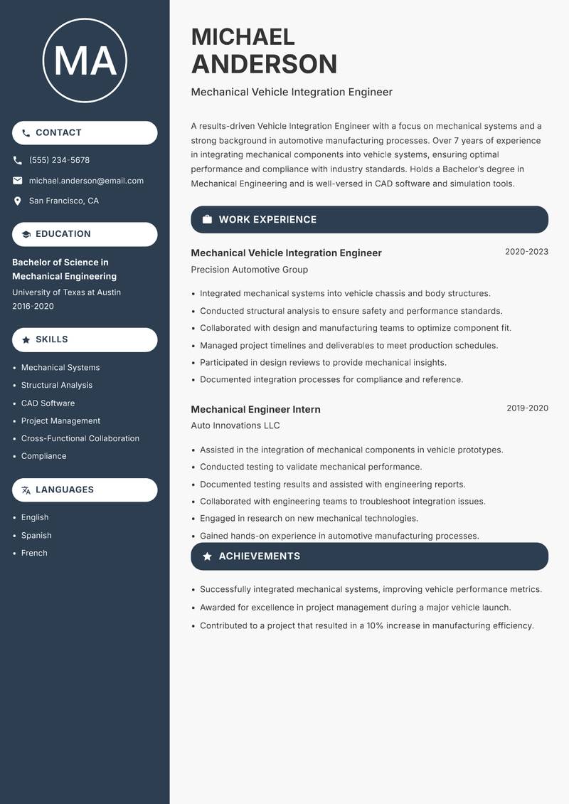 Vehicle Integration Engineer resume template — Compact