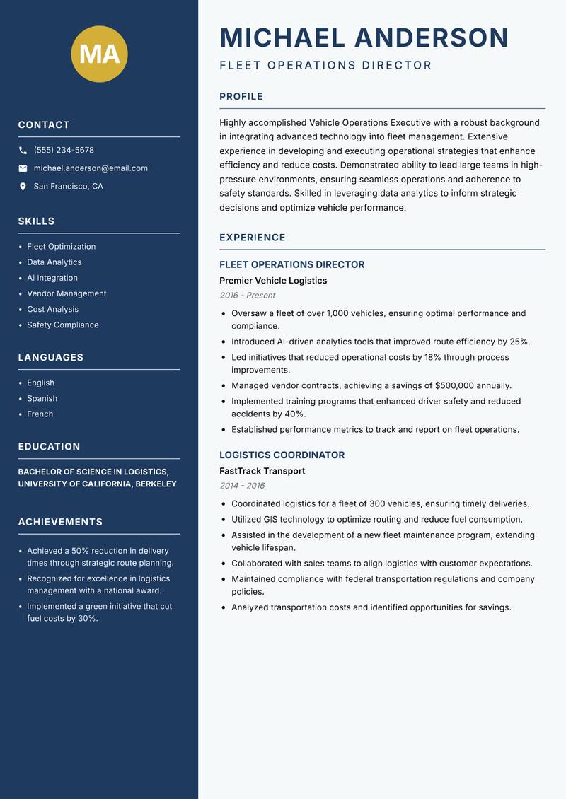 Vehicle Operations Executive resume template — Classic Clean