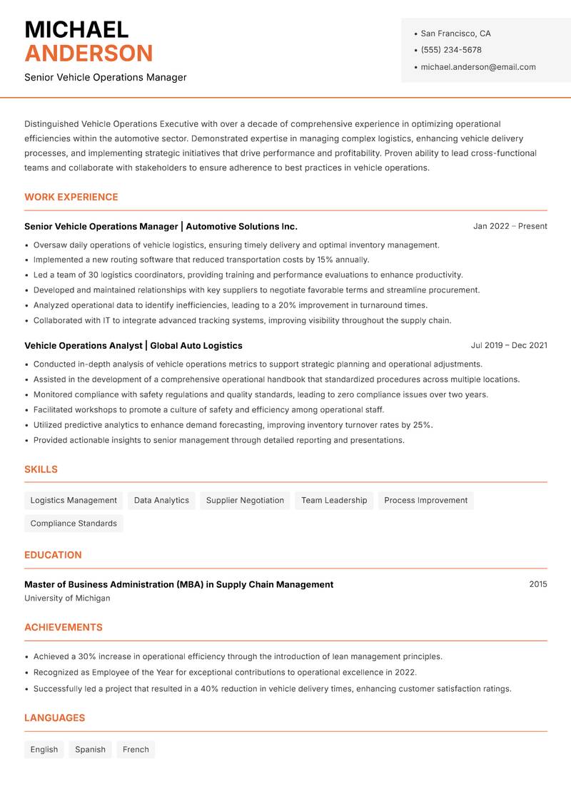 Vehicle Operations Executive resume template — Modern Professional