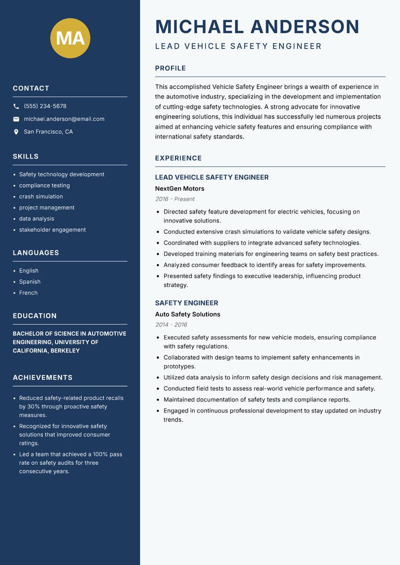 Vehicle Safety Engineer resume template — Classic Clean