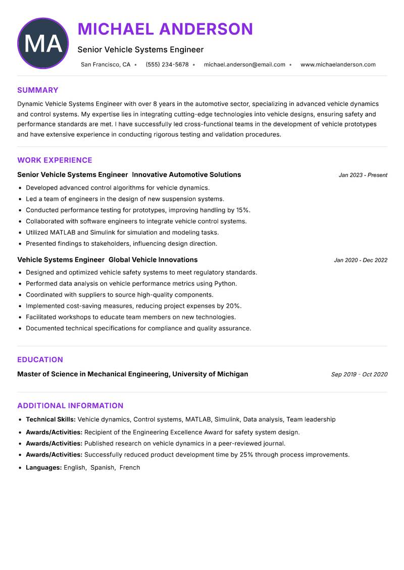 Vehicle Systems Engineer resume example — ATS-friendly template
