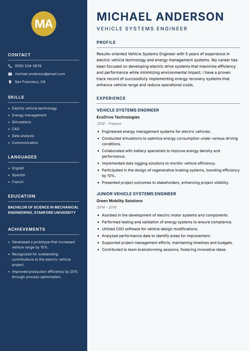 Vehicle Systems Engineer resume template — Classic Clean