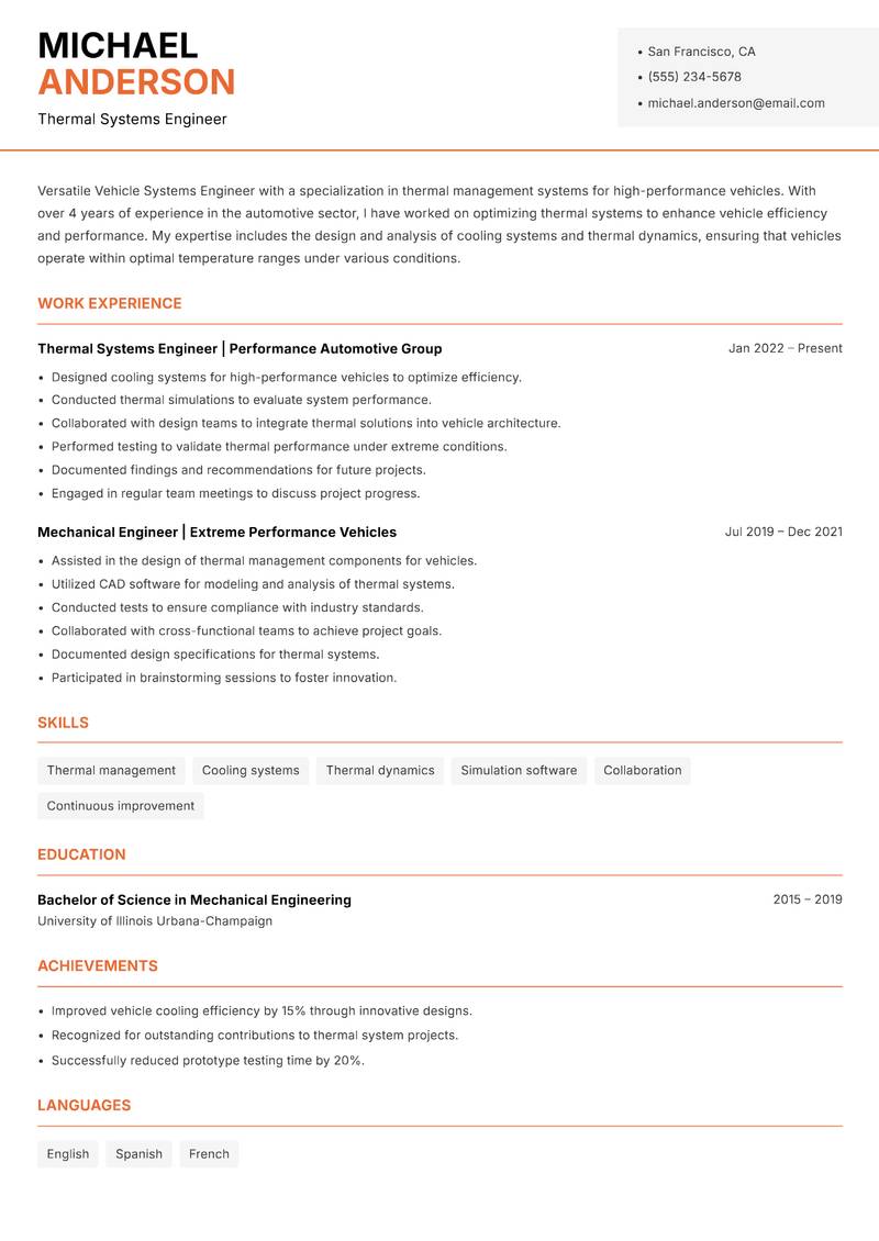 Vehicle Systems Engineer resume template — Modern Professional
