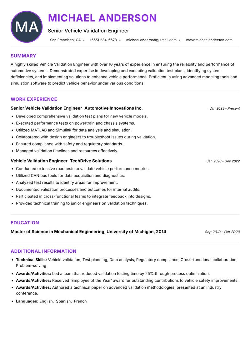 Vehicle Validation Engineer resume example — ATS-friendly template