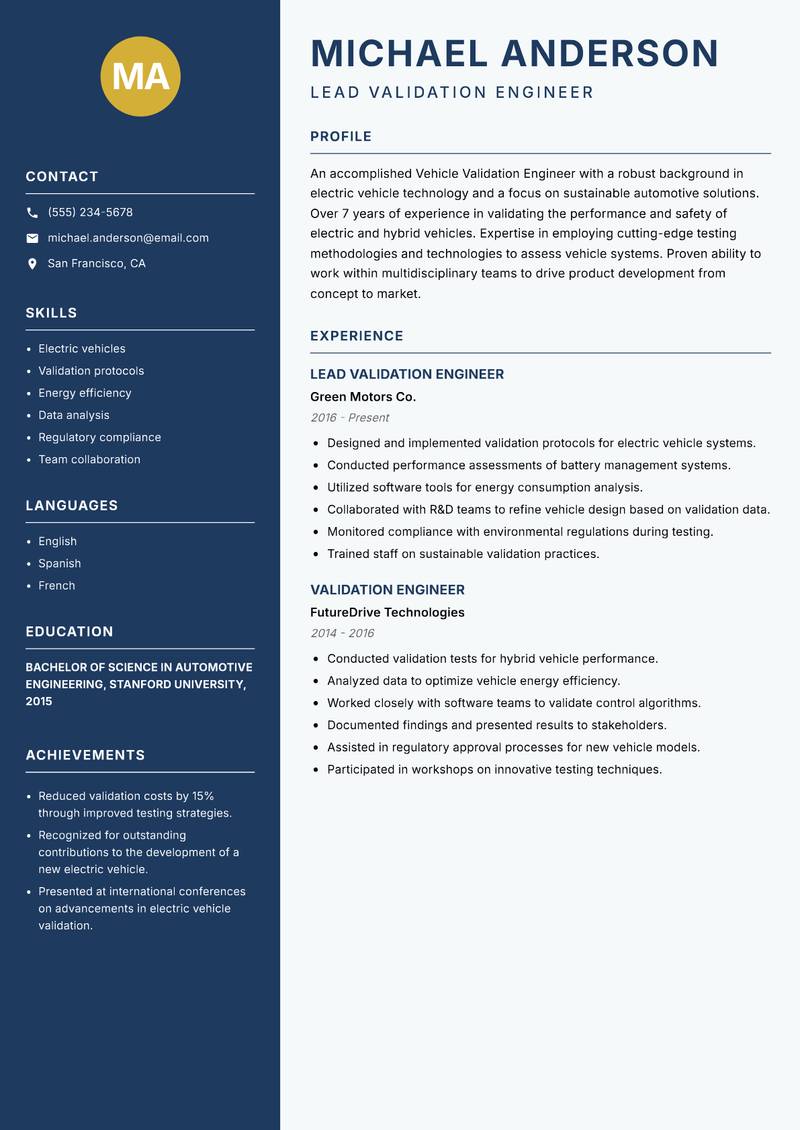 Vehicle Validation Engineer resume template — Classic Clean