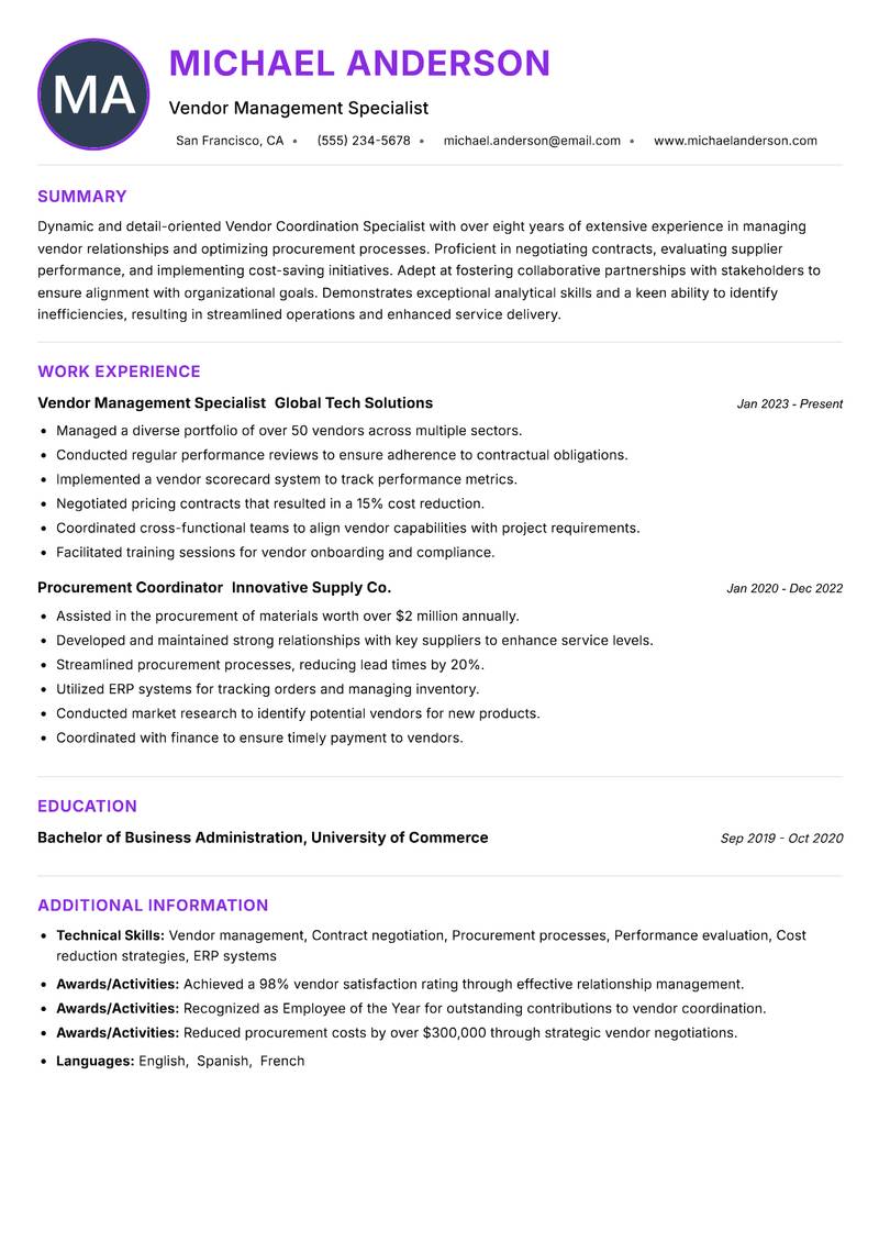 Vendor Coordination Specialist resume example — ATS-friendly template