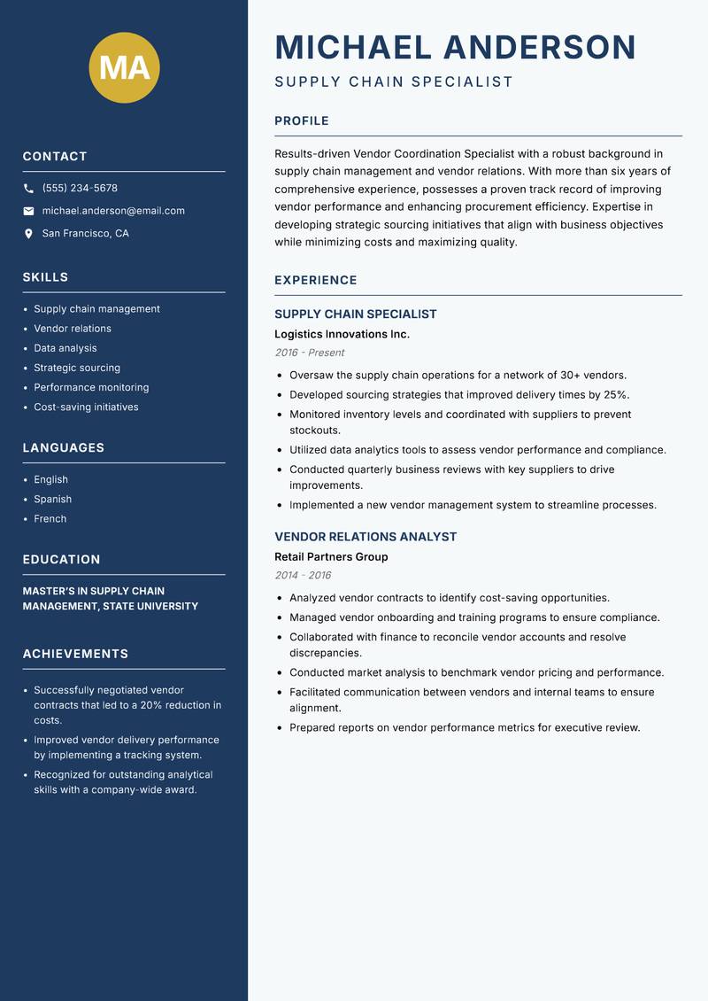 Vendor Coordination Specialist resume template — Classic Clean