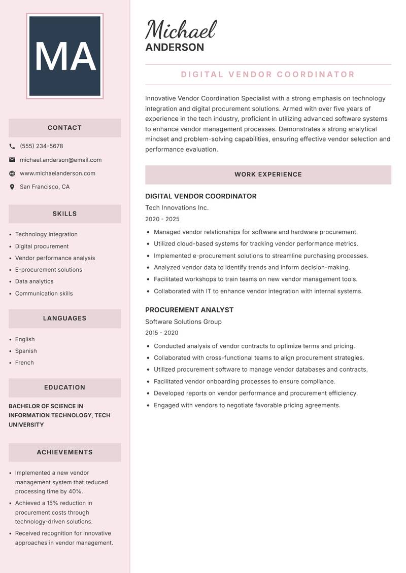 Vendor Coordination Specialist resume template — Executive