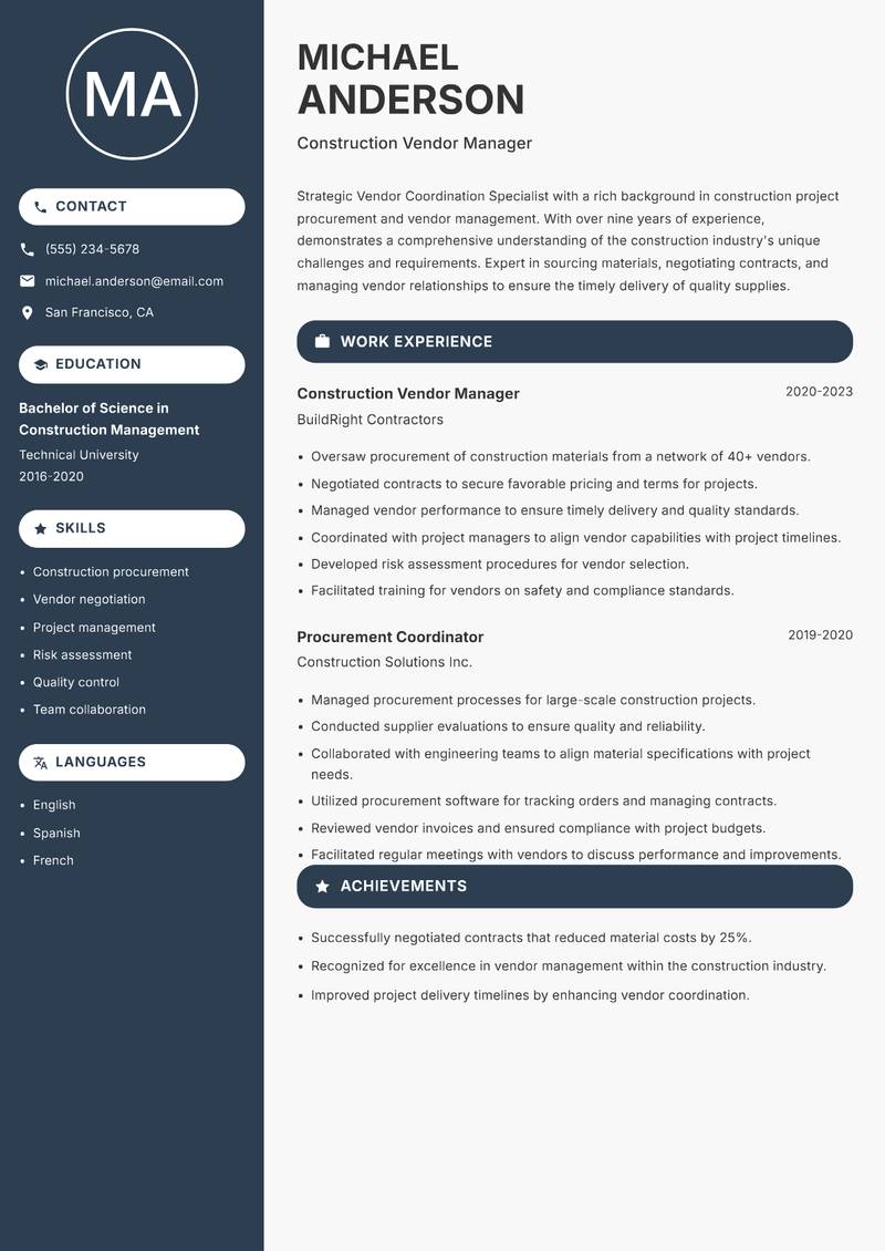 Vendor Coordination Specialist resume template — Compact