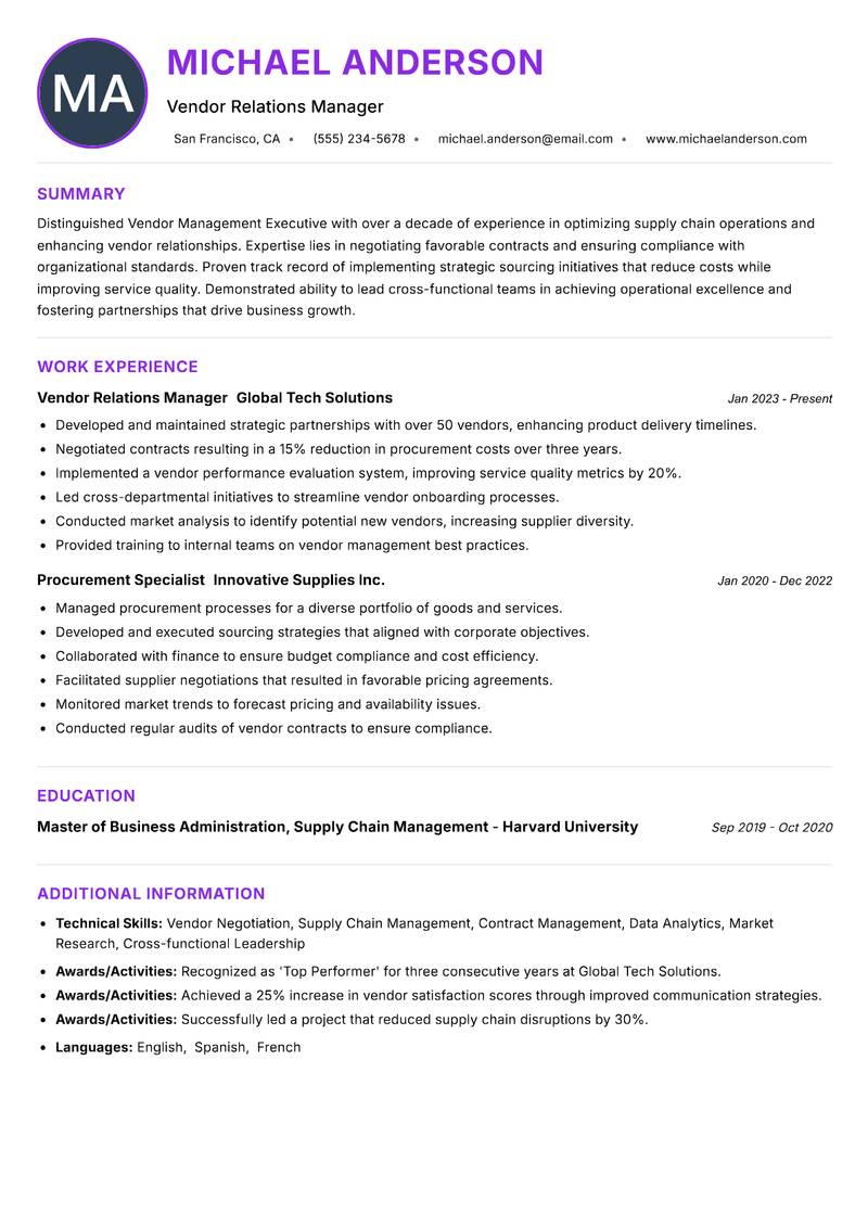 Vendor Management Executive resume example — ATS-friendly template