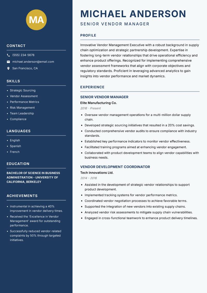 Vendor Management Executive resume template — Classic Clean