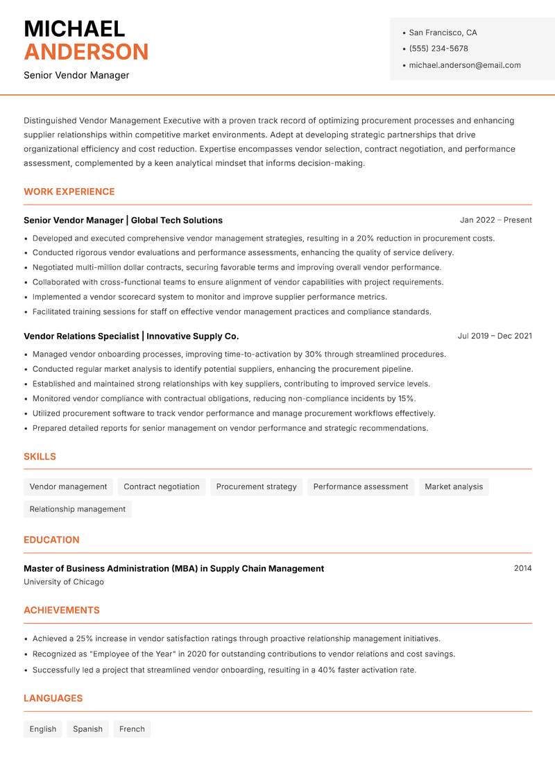 Vendor Management Executive resume template — Modern Professional