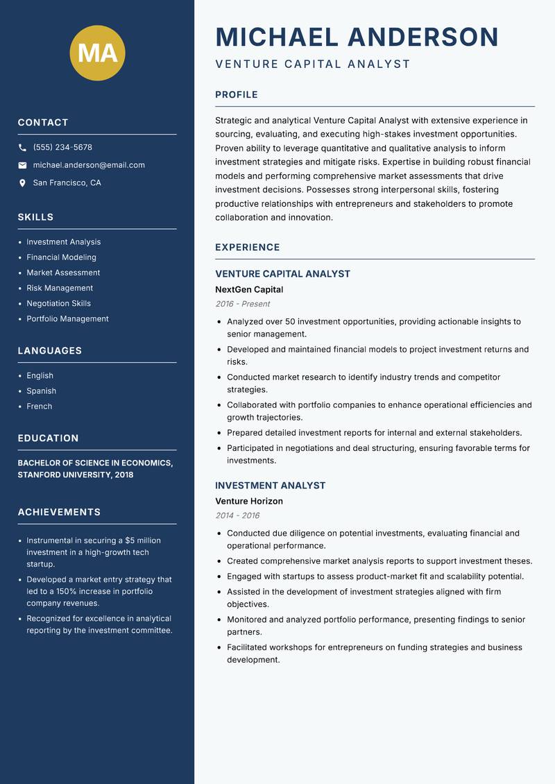 Venture Capital Analyst resume template — Classic Clean