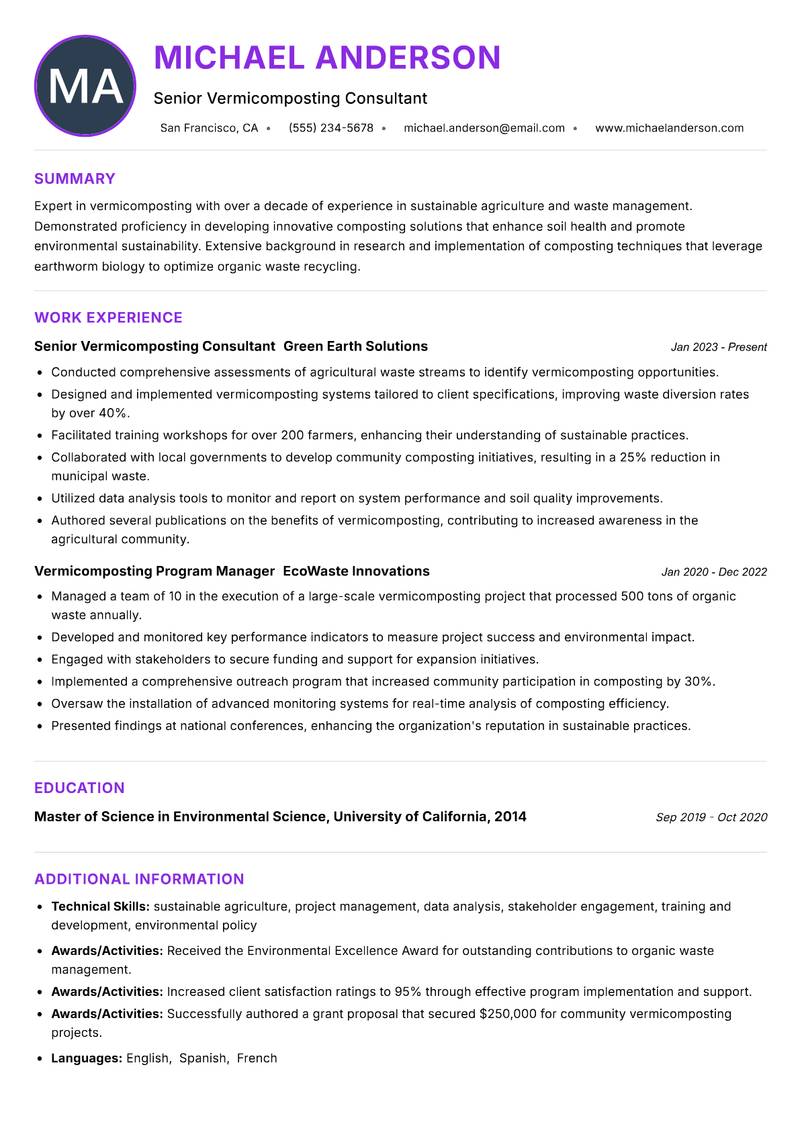 Vermicomposting Specialist resume example — ATS-friendly template
