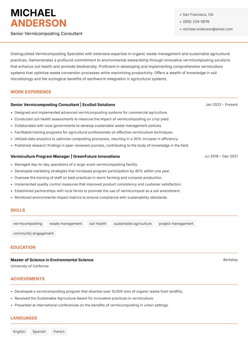 Vermicomposting Specialist resume template — Modern Professional