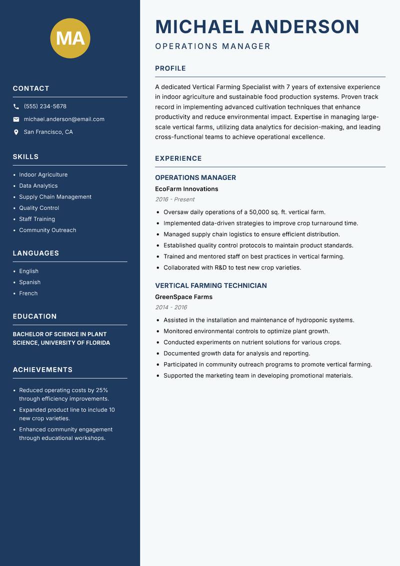 Vertical Farming Specialist resume template — Classic Clean
