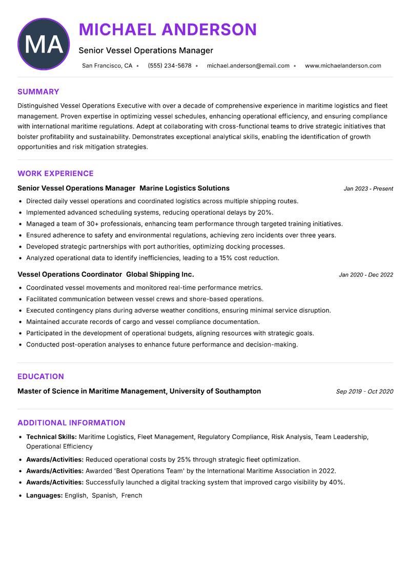 Vessel Operations Executive resume example — ATS-friendly template