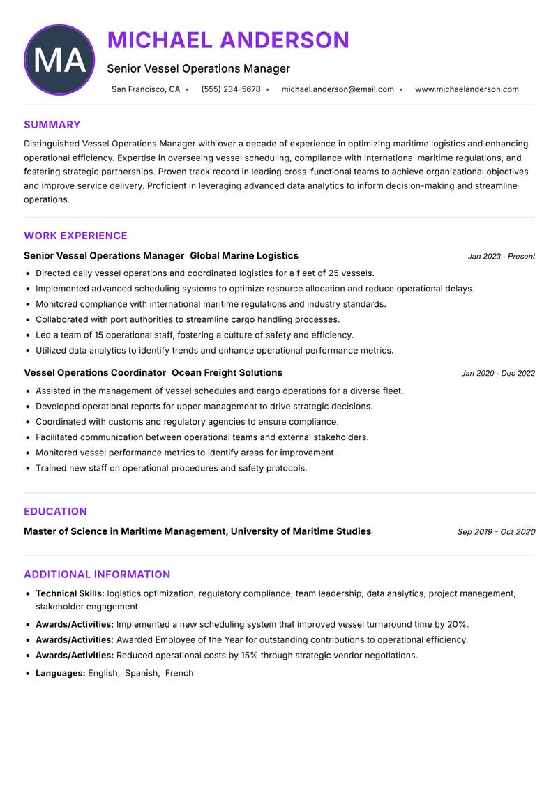 Vessel Operations Manager resume example — ATS-friendly template