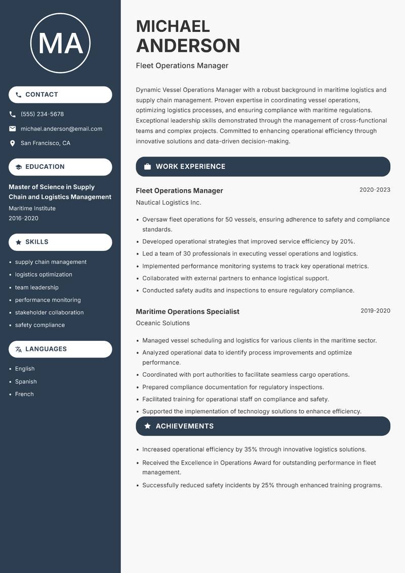 Vessel Operations Manager resume template — Compact