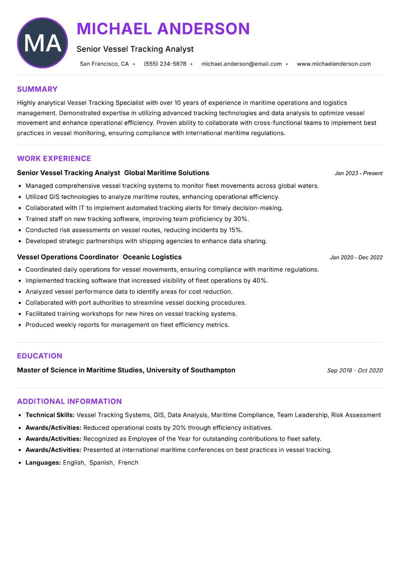 Vessel Tracking Specialist resume example — ATS-friendly template