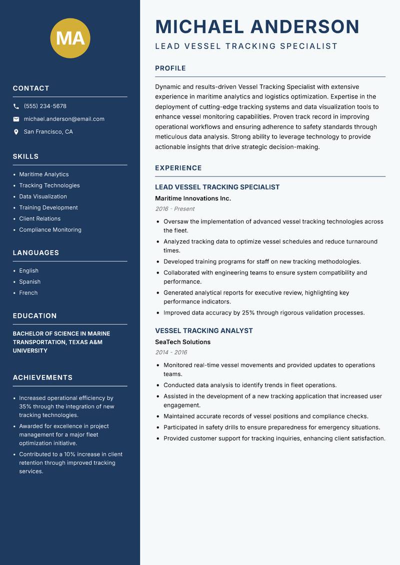 Vessel Tracking Specialist resume template — Classic Clean