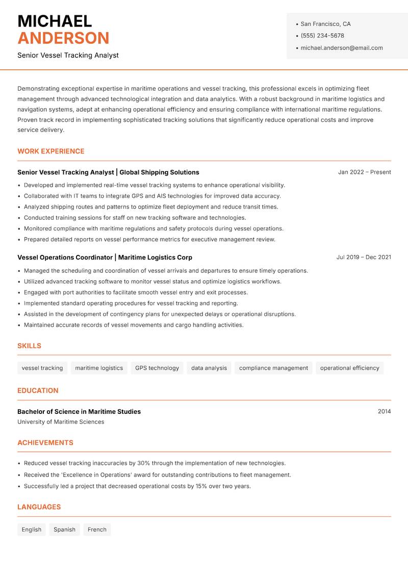 Vessel Tracking Specialist resume template — Modern Professional